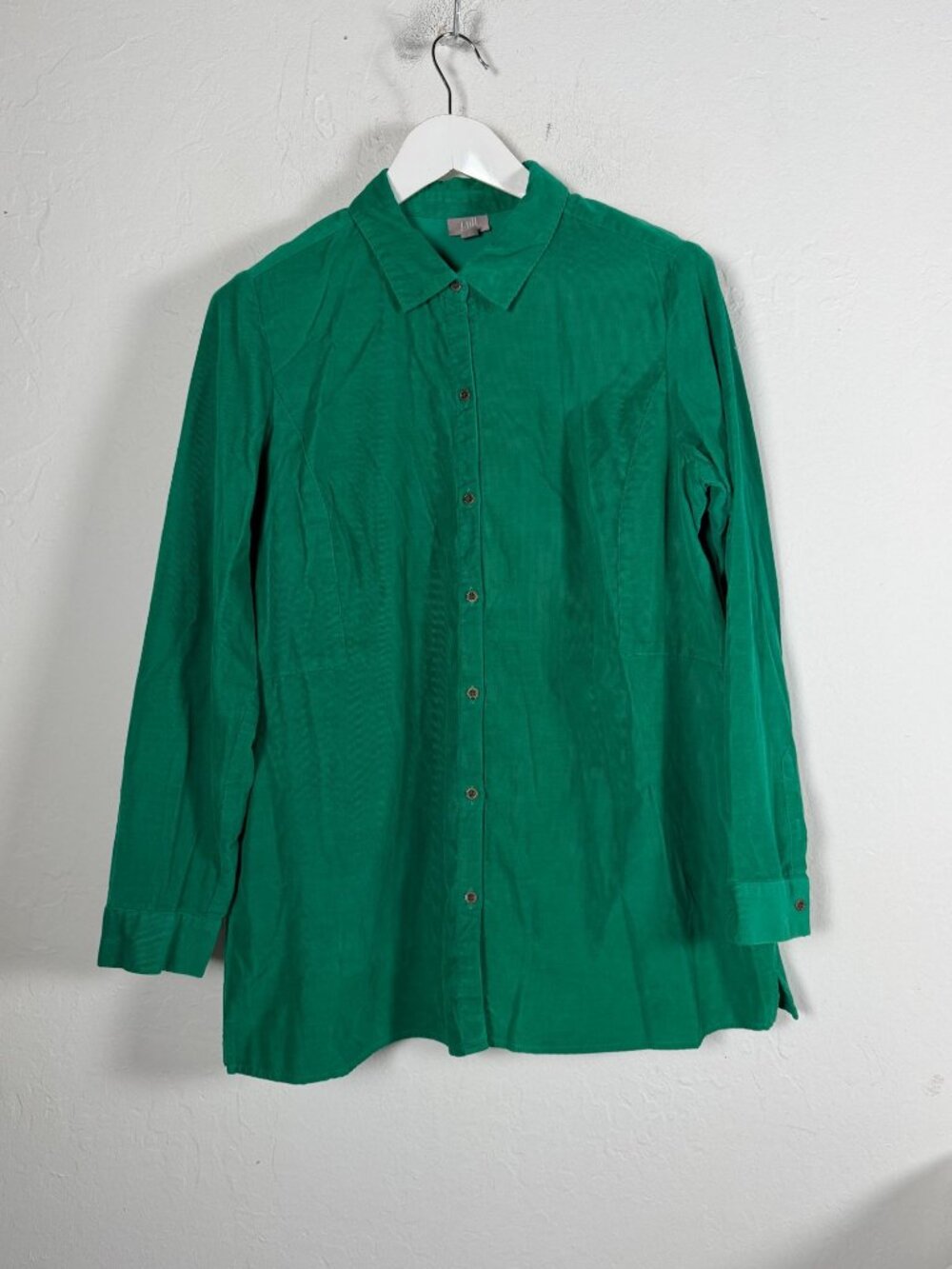 J.Jill Womens Green Corduroy Button-Up Shirt Peplum Swing Hem 100% Cotton Large